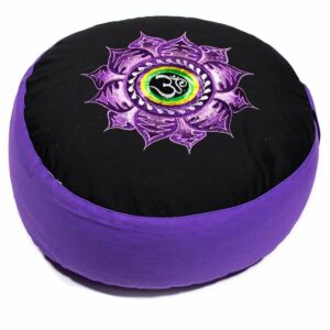 Meditatiekussen zwart/violet lotus & OHM geborduurd
